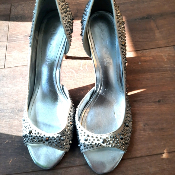 Silver Satin Sparkly Jewelled Heels - Picture 3 of 6